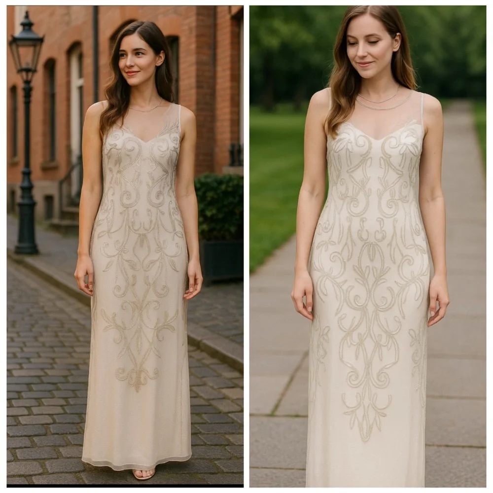 Adrianna Papell Ivory Beaded Gown Size 4 Wedding Guest Formal Dress - Picture 4 of 15